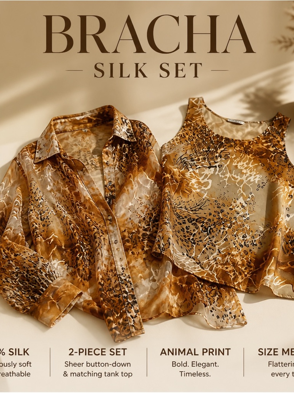 Bracha 100% SILK 2Pc button down and tank animal print set sz Medium